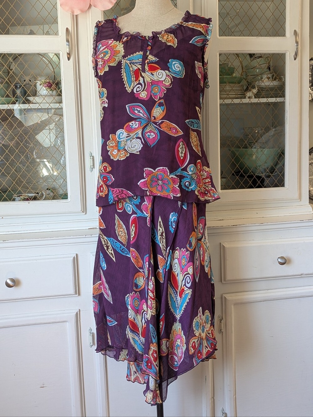 ✨🪻VTG Y2K FairycoreWomen's Matching Floral Blouse Skirt Set 3pc Chiffon